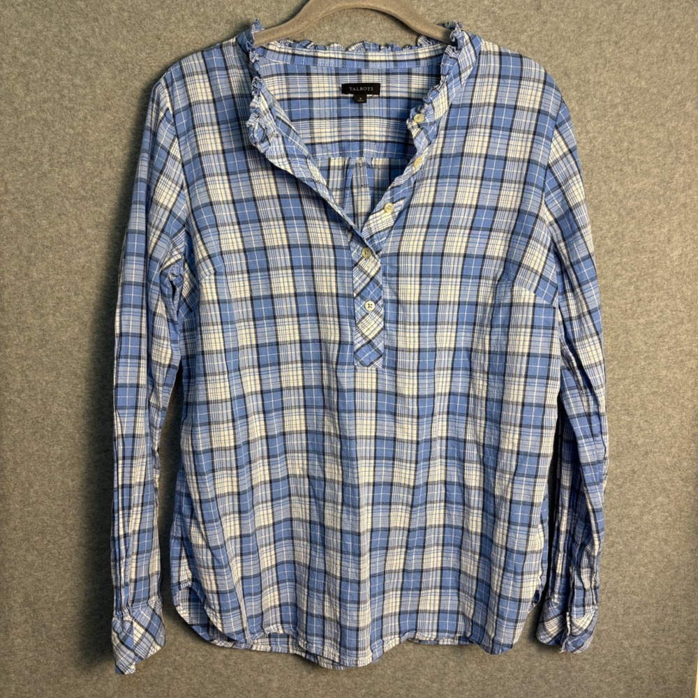 Talbots Plaid Popover Blouse Women's Small Blue 100% Cotton Ruffle Collar Top - Picture 2 of 9